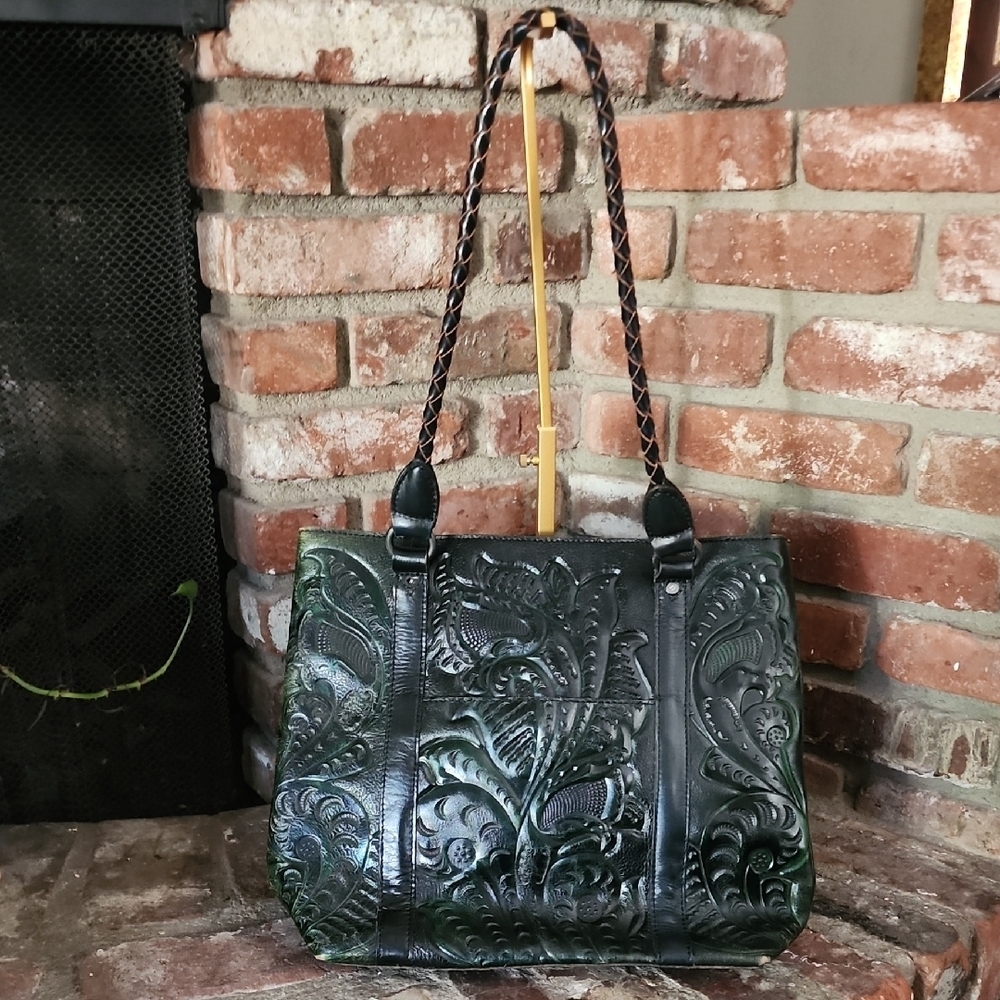Patricia Nash Tooled Embossed Green Leather Tote Fringe Boho Bag - Picture 4 of 13